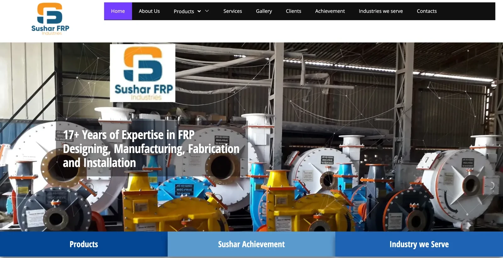 The live Sushar FRP Industries website: a full-width hero for an FRP tank and pipe manufacturer, with product routes and an enquiry call to action.