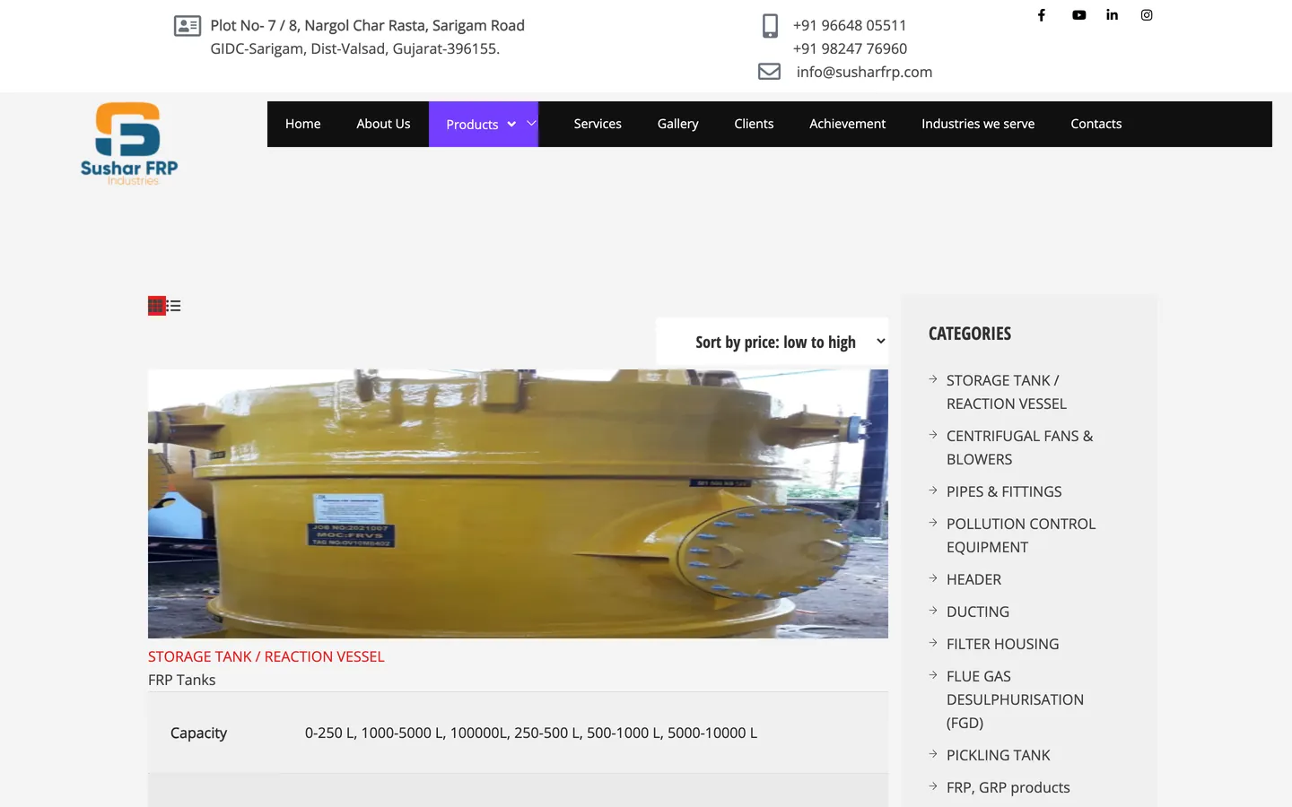 The Sushar FRP products page listing tanks, pipes and blowers as separate product routes, each with its own specification detail.